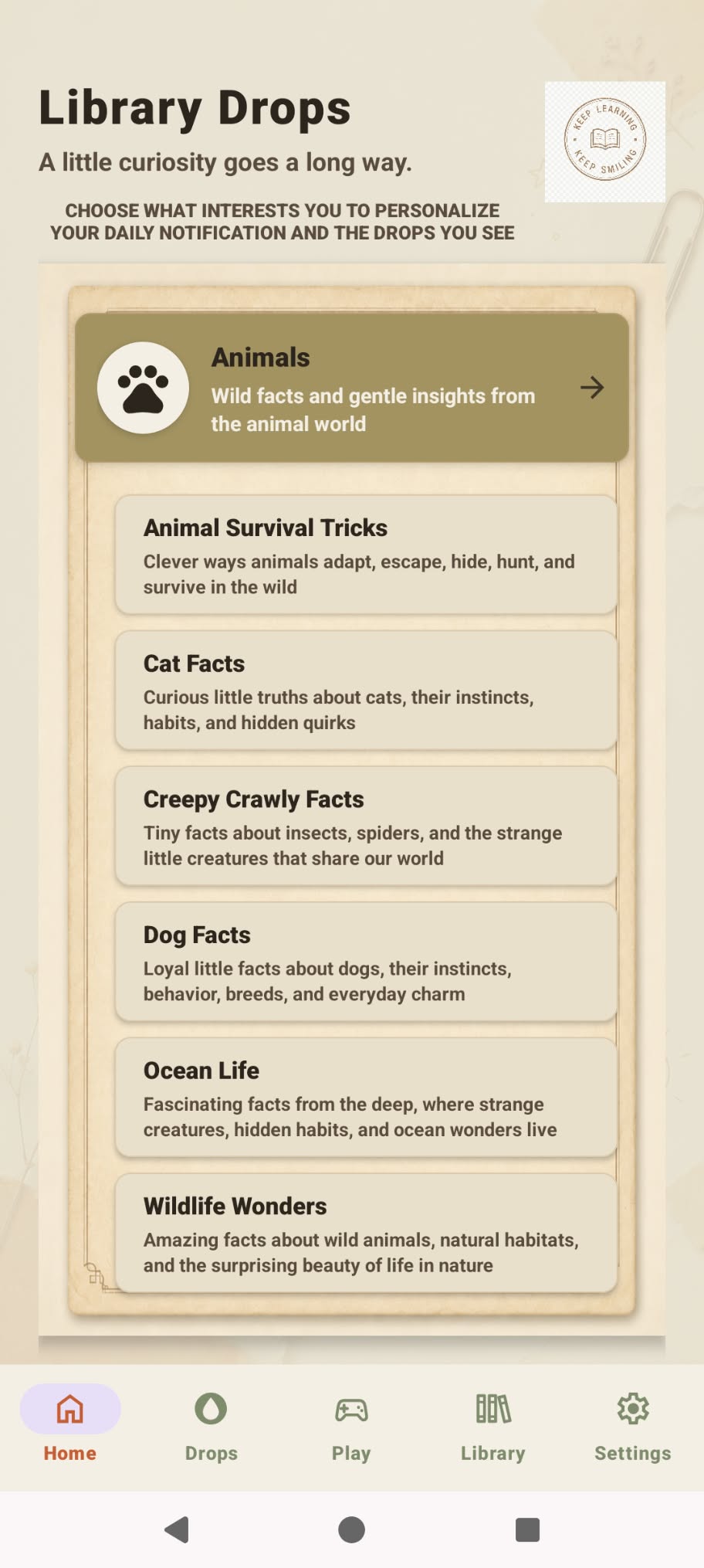 Library Drops Animals category expanded into subtopics like Cat Facts and Ocean Life