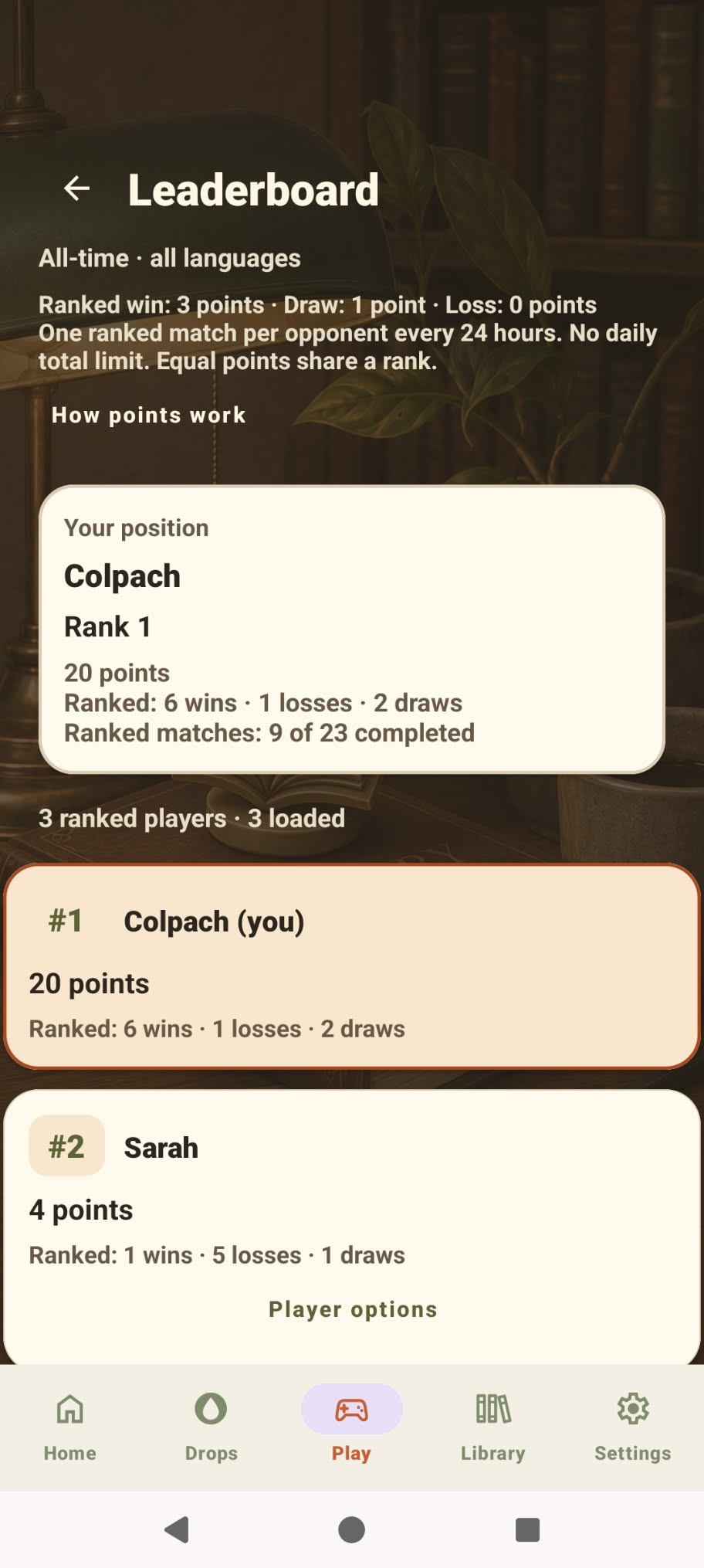 Library Drops leaderboard showing ranked players and match points