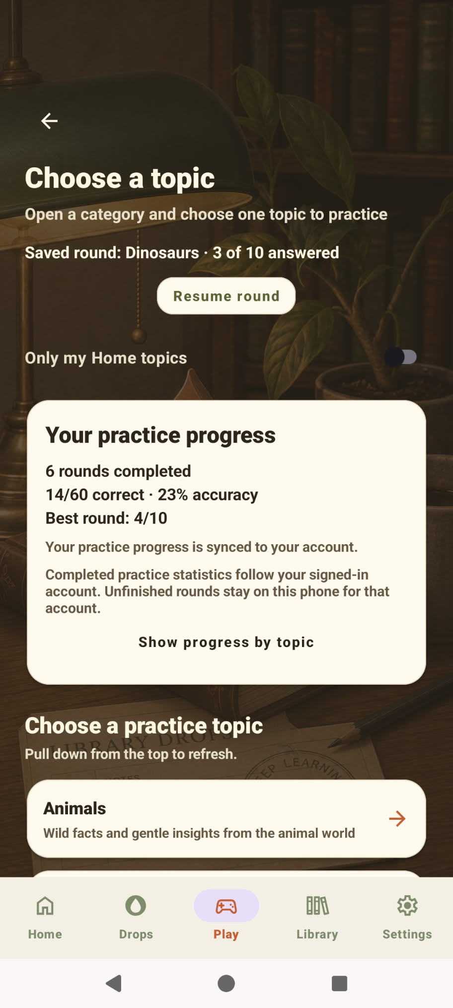 Practice topics and progress statistics in Library Drops
