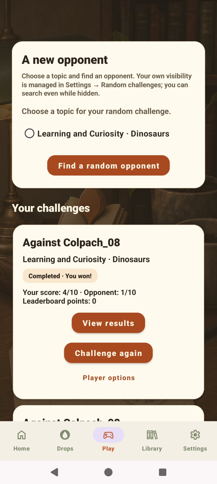 Player challenge results with View results and Challenge again options